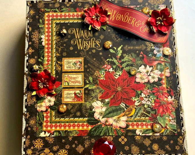 Graphic 45 Warm Wishes Christmas Decorated Cigar Box – Holiday Keepsake or Gift Storage – Poinsettia & Cardinal Design – Free Shipping in US