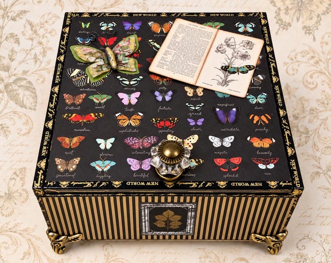 Handmade Butterfly Keepsake Box, Vintage Botanical Jewelry Storage, Garden Gift
