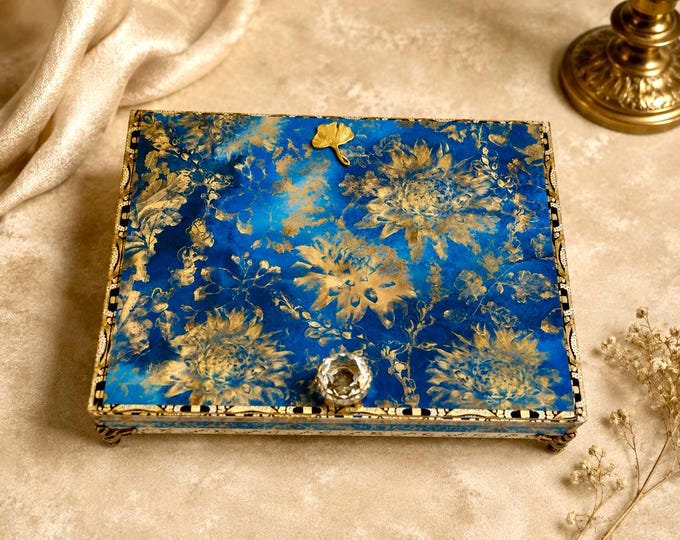 Indigo Decorated Cigar Box, Luxury Blue Gold Keepsake, Elegant Jewelry Storage, Ciao Bella Indigo