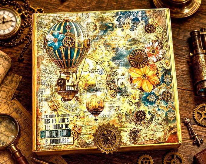 Steampunk Decorated Cigar Box – Keepsake Storage Box with Hot Air Balloon, Gears & Floral Art – Steampunk Jewelry - Ships Free in US