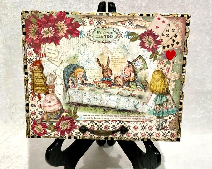 Alice in Wonderland Tea Party Keepsake Box, Lg Handcrafted Memory Jewelry Storage (10x8x2)