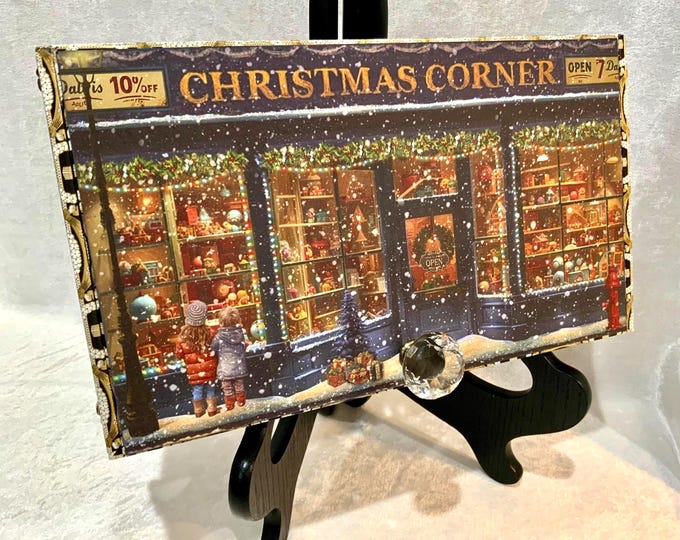 Christmas Corner Toy Shop Decorated Cigar Box – 10x6x2” Vintage Storefront with Glitter Snow Accents - Ships Free in US
