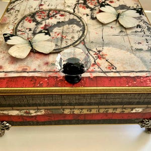 Asian Butterfly Decor, Japanese Script Art, Oriental Floral Keepsake, Decorated Cigar Box