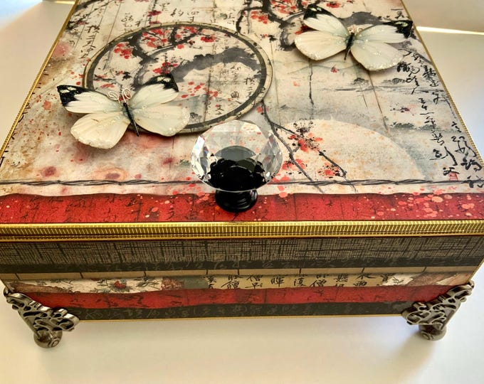 Elegant Asian Butterfly Keepsake Box – Asian Butterfly Decorated Cigar Box with Glass Knob & Botanical Art - Ships Free in US