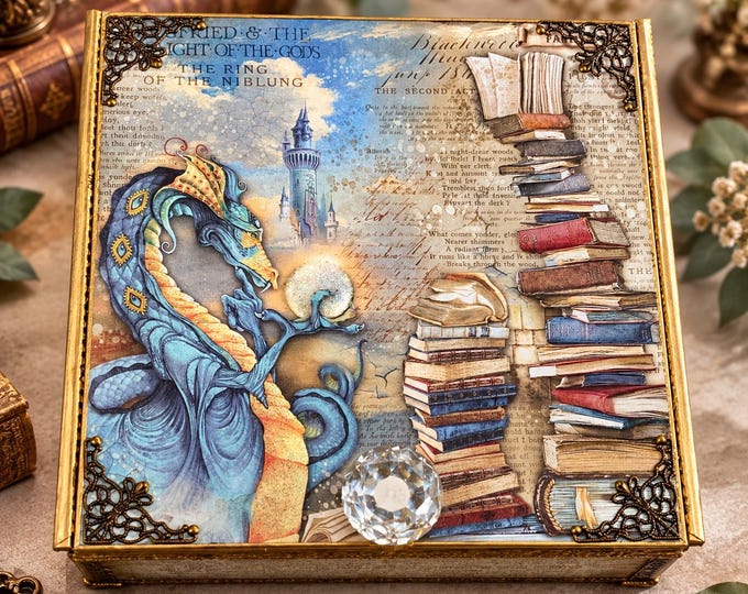 Fantasy Dragon Decorated Cigar Box, Wizard Library Book Storage, Magical Keepsake - Free Shipping