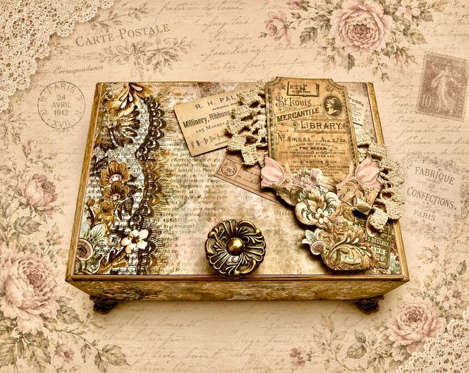 Vintage Sewing Decorated Cigar Box – Shabby Chic Keepsake, Victorian Handmade Jewelry Box - Free Shipping