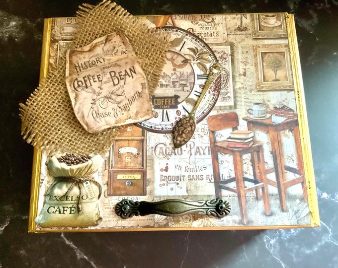 Coffee & Chocolate Decorated Cigar Box – Rustic Café Theme – Kitchen Décor Gift
