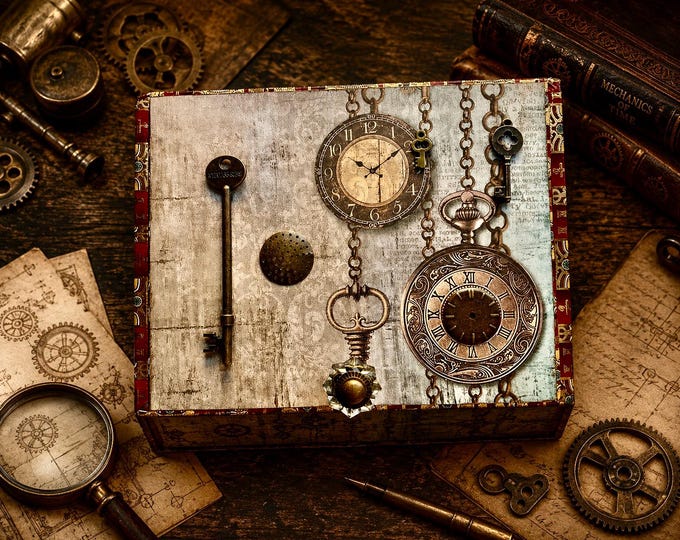 Steampunk Decorated Cigar Box – Vintage Clockwork Jewelry Keepsake Box with Gears, Keys & Clocks - Free Shipping