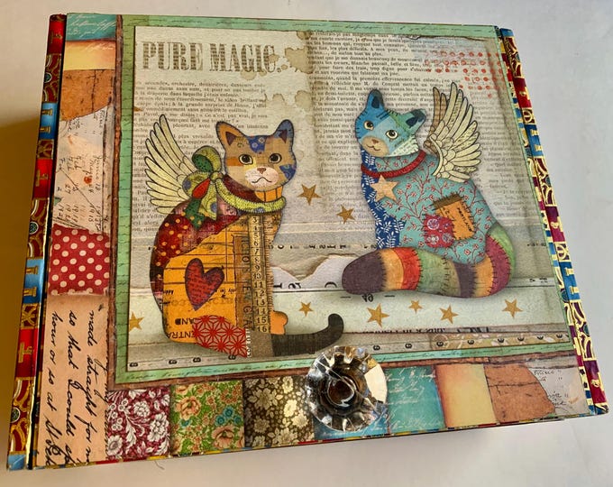 Whimsical Kitty Decorated Cigar Box – Angel Cats Keepsake Storage, Handmade Upcycled Box with Crystal Knob – Ships Free in the U.S.