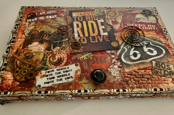 Vintage Cars Decorated Cigar Box, Repurposed Cigar Box, Masculine Desk Storage Box, Upcycled Box, Handmade Storage Box
