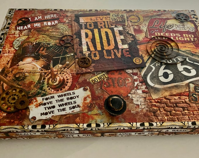 Rustic Car & Motorcycle Decor Box – Route 66 Style Gift for Him – Handmade Storage Box with Vintage Auto and Bike Themes, Vintage Cars