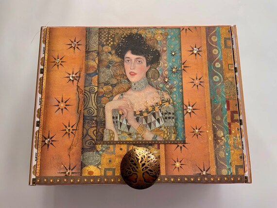 Gustav Klimt Art Box – Upcycled Cigar Box with Tree of Life & Vintage Portrait – Decorative Jewelry or Keepsake Storage - Lady in Gold Box