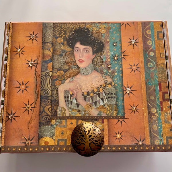 Klimt Adele Decorated Cigar Box~Gustav Klimt Mixed Media Box~All Occasion Gift~Klimt Jewelry Box~Decorative Klimt Keepsake Box~Lady in Gold