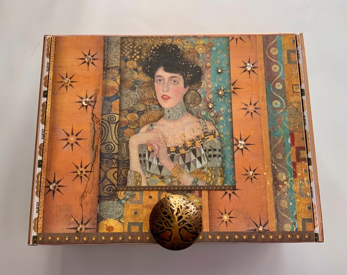 Gustav Klimt Art Box – Upcycled Cigar Box with Tree of Life & Vintage Portrait – Decorative Jewelry or Keepsake Storage - Lady in Gold Box