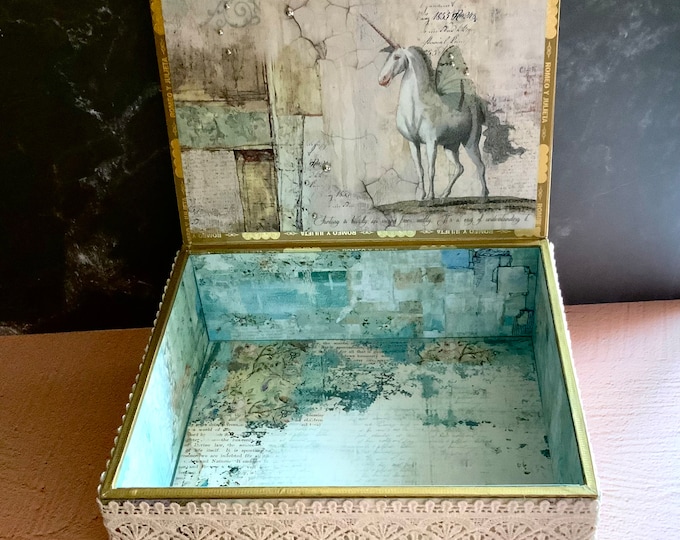 Dream Big Fairy Castle Decorated Cigar Box – Lace Trimmed Unicorn Fantasy Storage with Crystal Knob – Handmade Keepsake Box, Free Shipping