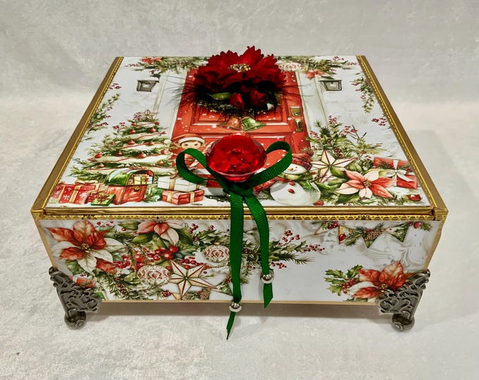 Holly Jolly Red Door Christmas Decorated Cigar Box with Santa & Snowman – Free Shipping