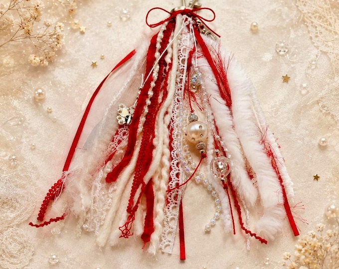 Red & Ivory Mixed Fiber Tassel – Romantic Purse Charm, Bag Zipper Pull, Handmade Valentine’s Gift – Ships Free in the U.S.