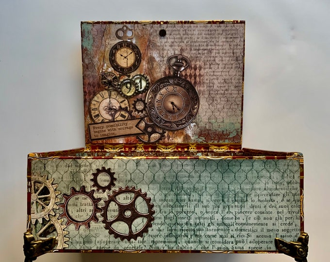 Steampunk Decorated Cigar Box – Vintage Clockwork Jewelry Keepsake Box with Gears, Keys & Clocks Gears Decorated Cigar Box, Decorative Box