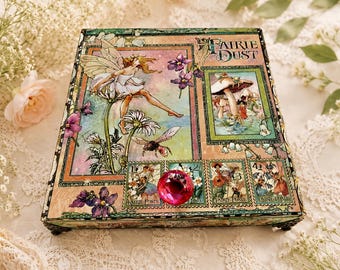 Faerie Dust Whimsical Fairytale Jewelry Box, Magical Keepsake, Decorated Large Cigar Box