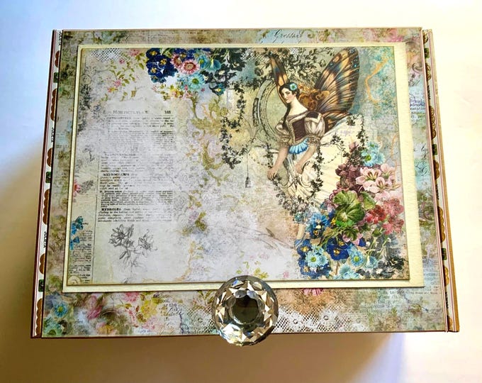 Fairy Floral Keepsake Box: Vintage Wooden Memory Treasure Chest — Decorated Cigar Box — Free Shipping