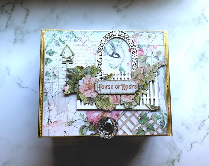 House of Roses Decorated Cigar Box – Romantic Garden Theme with Crystal Knob – Floral Keepsake Box – Upcycled Gift Box, Altered Cigar Box
