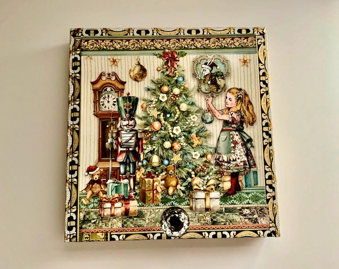 Alice Custom Christmas Keepsake Box – Alice in Wonderland Holiday Scene – Glass Knob – Whimsical Decorated Cigar Box – Free U.S. Shipping