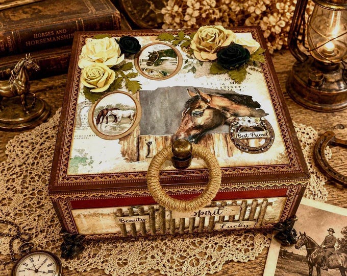 Stamperia Romantic Horses Decorated Box – Handmade Equestrian Keepsake with Rustic Handle & Feet - Free Shipping