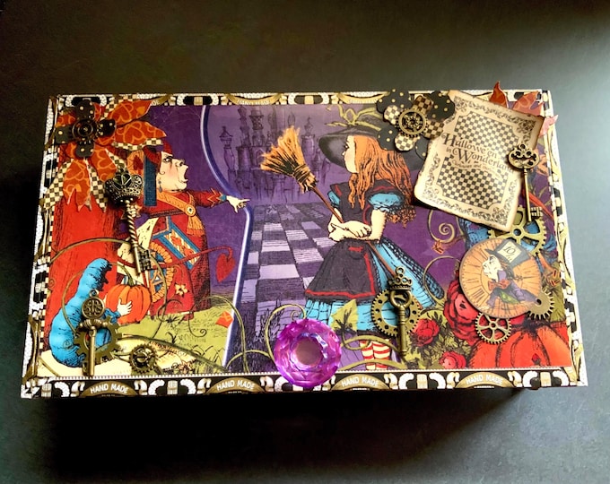Hallowe’en in Wonderland Decorated Cigar Box – Steampunk Alice Gothic Storage