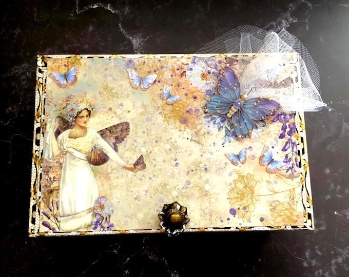 Butterfly Fairy Decorated Cigar Box – Pastel Fantasy Storage - Handmade Whimsical Gift Box