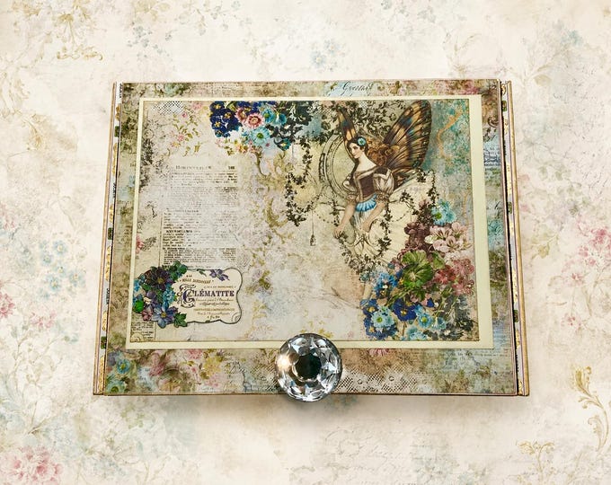 Fairy Floral Keepsake Box: Vintage Wooden Memory Treasure Chest — Decorated Cigar Box — Free Shipping