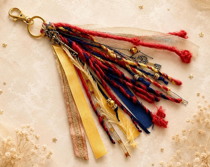 Royal Key Tassel Bag Charm – Mixed Fiber Keychain in Red, Gold & Navy with Antique Keys, Beads and Ribbons – Free Shipping