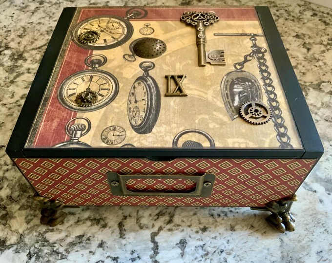 Masculine Steampunk Keepsake Box – Java Wood Cigar Box with Gears, Keys & Vintage Gentleman Art
