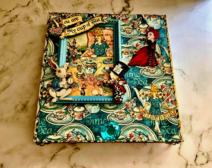 Lg Alice in Wonderland Decorated Cigar Box – Handmade Tea Party Jewelry Box – Upcycled Whimsical Keepsake Gift, Alice Tea Party Altered Box