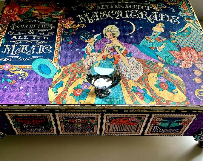 Midnight Masquerade Decorated Cigar Box – Altered Keepsake Box with Feathers & Carnival Style – Handmade Jewelry or Trinket Box