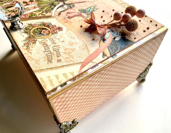 Fairy Keepsake Box – Once Upon a Springtime Decorated Cigar Box with Butterfly Accents – Upcycled Gift Box with Crystal Knob + Metal Feet
