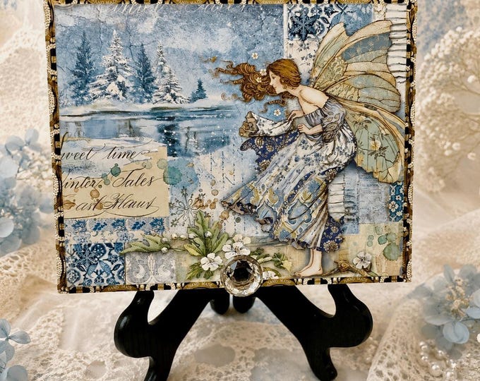 Winter Tales Fairy Keepsake, Blue Winter Decor, Gift for Mom. Upcycled Cigar Box