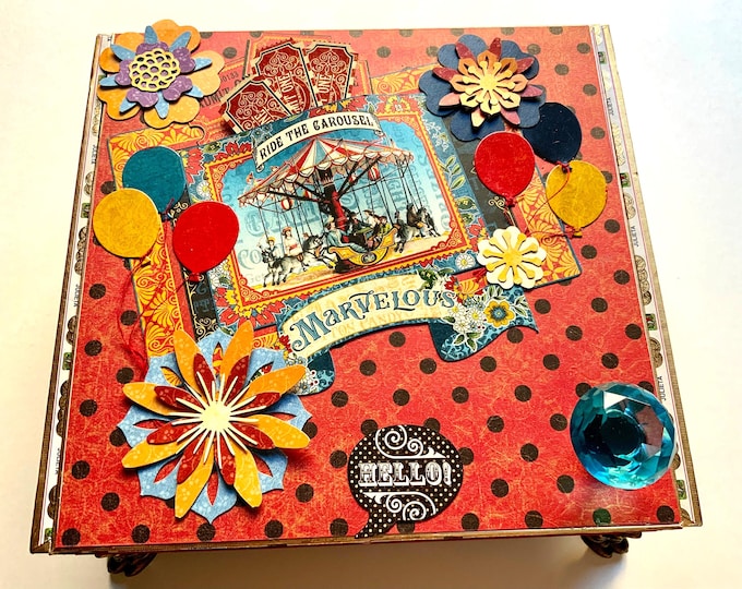 Circus Carousel Decorated Cigar Box – Vintage Fair Theme, Balloons & Tickets, Whimsical Handmade Gift Box, Upcycled, Free Shipping