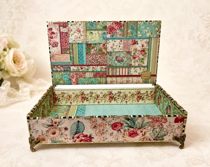 Romantic Floral Decorated Cigar Box – Large Handmade Keepsake Box, Vintage Style Storage for Jewelry - Free Shipping
