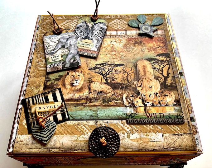 Safari Wildlife Decorated Cigar Box – Handmade Savana Keepsake Storage Box – African Animals, Lion, Elephant, Giraffe – Free Shipping