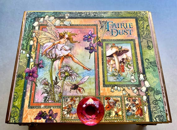 Fairy Dust Decorated Cigar Box, Upcycled Cigar Box, Repurposed Wooden Cigar Box, Fairy Party, Fairy Room Decor, Aesthetic Altered Cigar Box