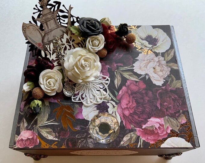 Romantic Floral Keepsake Box, Dark Vintage Jewelry or Tea Chest, Upcycled Cigar Box with Knob and Metal Feet, Handmade Gift, Repurposed Box