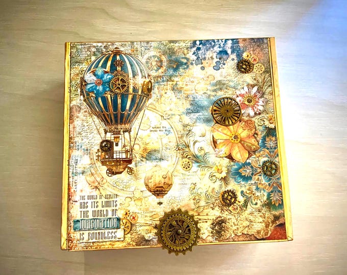 Steampunk Decorated Cigar Box – Upcycled Storage Box with Hot Air Balloon, Gears & Floral Art – Steampunk Jewelry or Keepsake Box