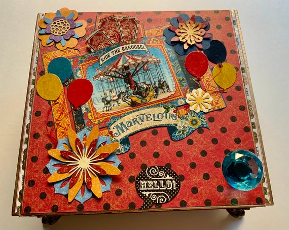 Circus Carousel Decorated Cigar Box – Vintage Fair Theme, Balloons & Tickets, Whimsical Handmade Gift Box, Upcycled with Blue Glass Knob