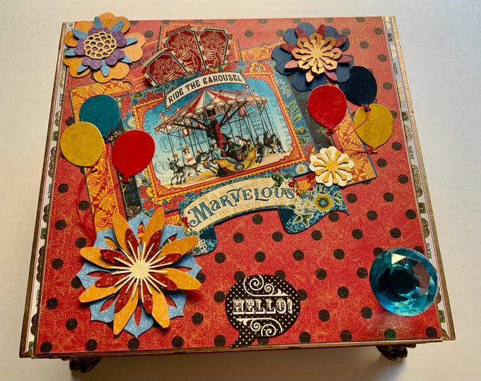 Circus Carousel Decorated Cigar Box – Vintage Fair Theme, Balloons & Tickets, Whimsical Handmade Gift Box, Upcycled with Blue Glass Knob