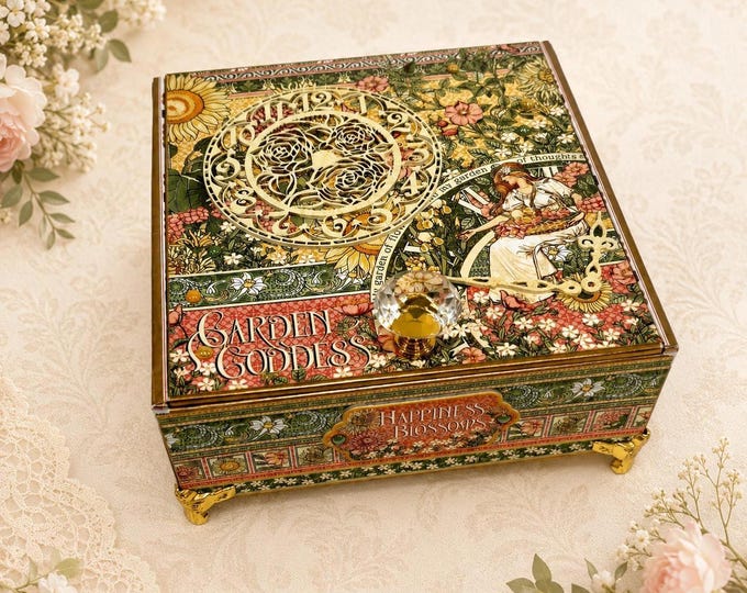 Garden Goddess Decorated Cigar Box • Sunflower & Floral Keepsake Box • One of a Kind - Free Shipping