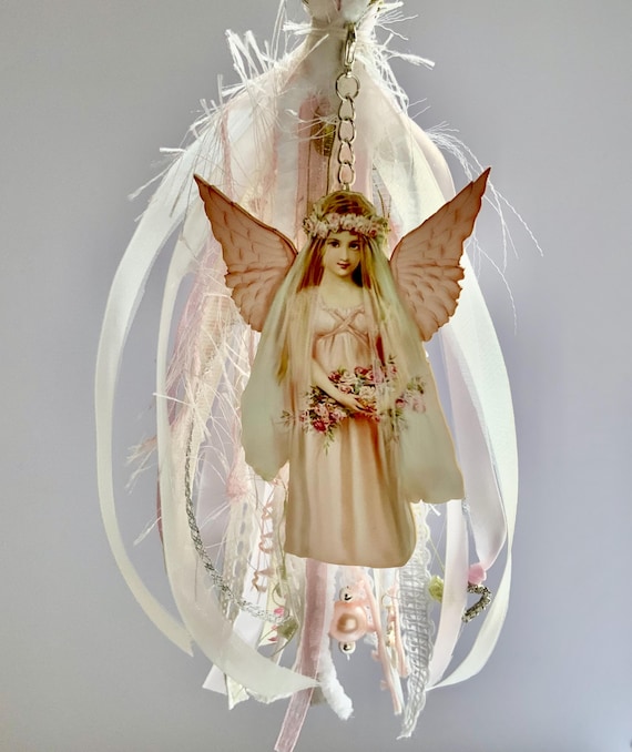 Angel Tassel Charm – Pink Ribbon and Lace Keychain with Victorian Fairy, Beads & Cross – Shabby Chic Bag or Gift Décor