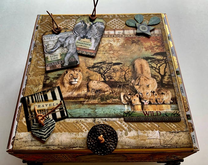 Safari Wildlife Decorated Cigar Box – Handmade Savana Keepsake Storage Box – African Animals, Lion, Elephant, Giraffe – Free Shipping