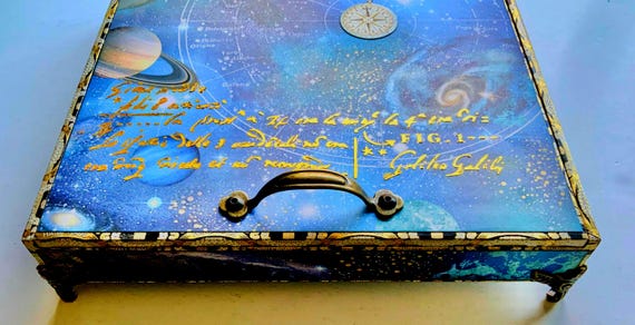 Lg Celestial Decorated Cigar Box - Galaxy Jewelry Box with Planets and Stars -  Unique Space Theme Keepsake Box - Gift for Stargazer