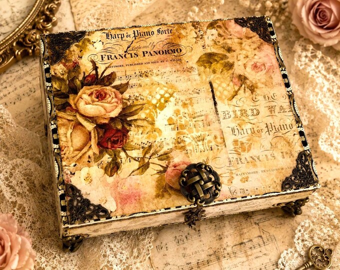 Floral Decorated Cigar Box – Romantic Roses Shabby Chic, Jewelry Keepsake Box, Music Script - Free Shipping