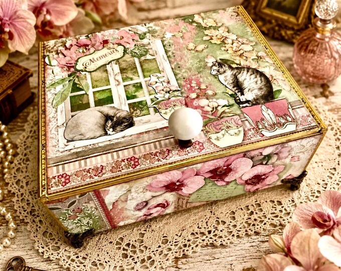 Handmade Cats & Orchids Keepsake Box – Vintage Garden Decor with Tabby Cats, Floral Art and Paw Prints - Free Shipping